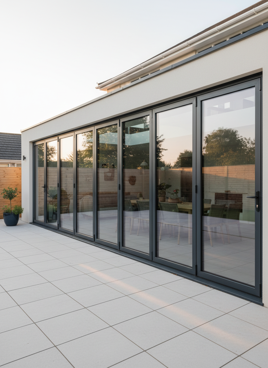 A wide set of premium aluminium bifold doors fully closed across the back of a contemporary UK home extension, each slim frame in a deep anthracite grey with crisp, powder-coated finish and narrow sightlines. The glass spans floor to ceiling with subtle reflections of a neat garden patio. Photographic realism, shot from eye level outside, with soft late-afternoon natural light casting gentle shadows from the frames onto smooth porcelain paving. The composition follows the rule of thirds, showing the full elevation of the doors with a sharp focus throughout, conveying a professional, high-end, trade-quality installation that feels clean, modern and durable.